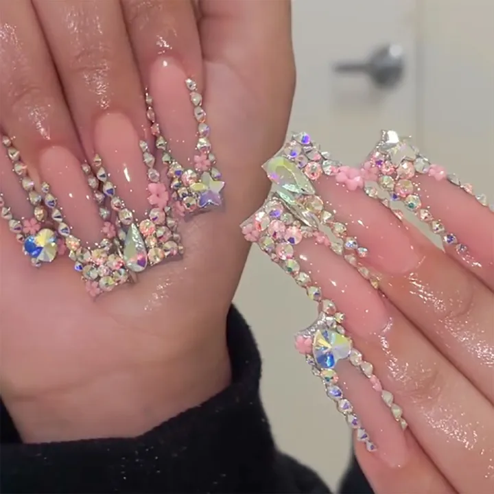 24Pcs Long Coffin False Nails Star Heart with Rhinestones French Design Wearable Fake Nails Glitter Press on Nails Tips Art E0115A