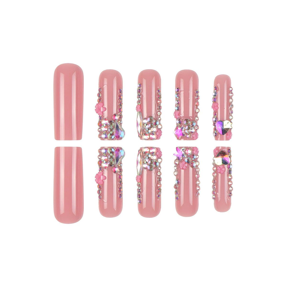 24Pcs Long Coffin False Nails Star Heart with Rhinestones French Design Wearable Fake Nails Glitter Press on Nails Tips Art E0115A