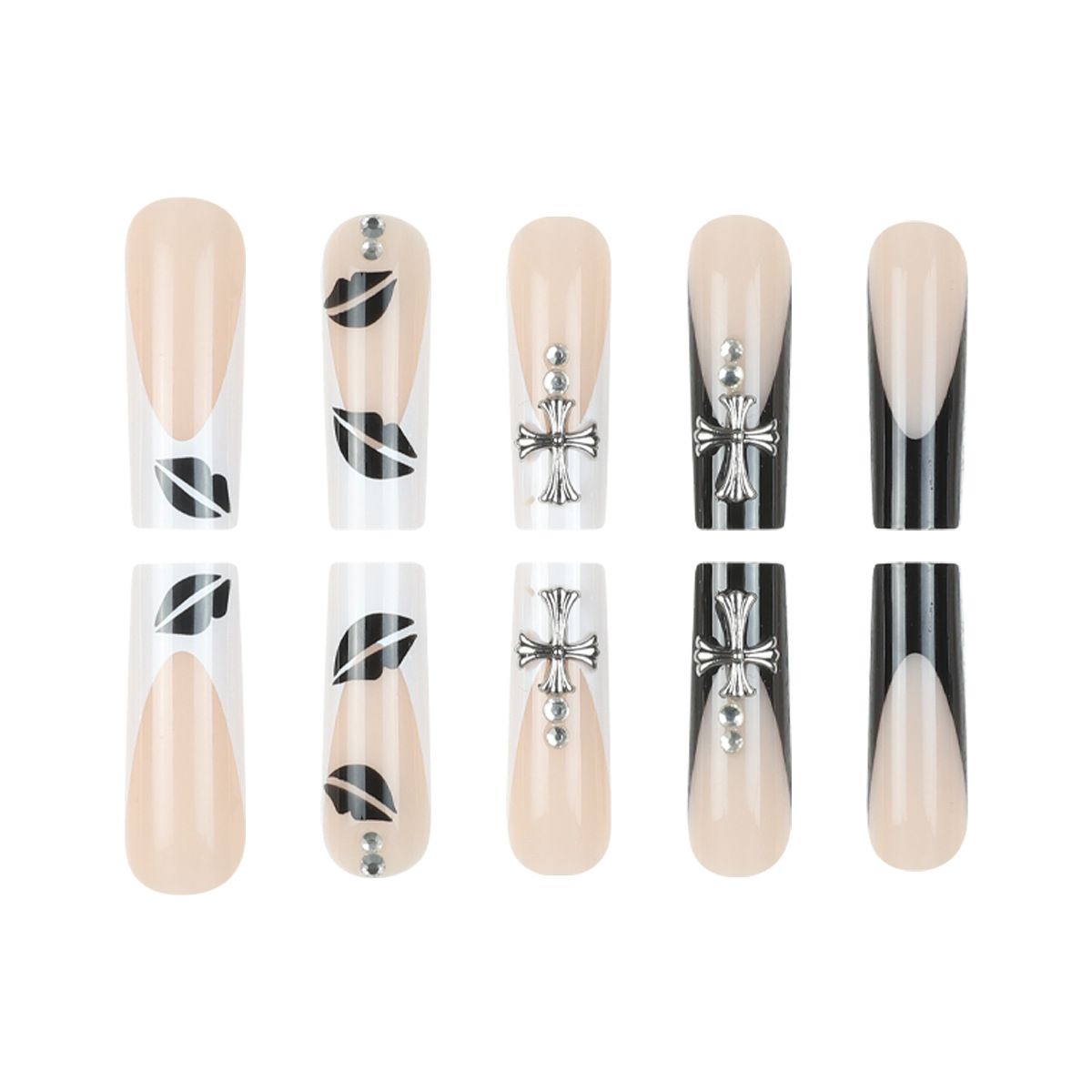 24Pcs Long Coffin False Nails Star Heart with Rhinestones French Design Wearable Fake Nails Glitter Press on Nails Tips Art E0115A