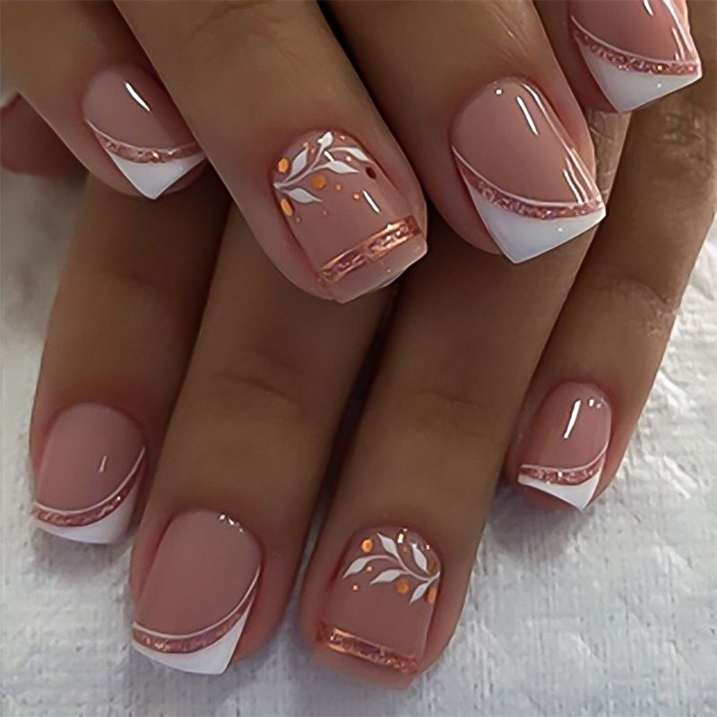 24Pcs/Set Short French Wearing Fake Nails Art Pink Gentle Girl Glitter Pearlized Press on Nail Tips Cute Natural Sweet Ins Style E0110