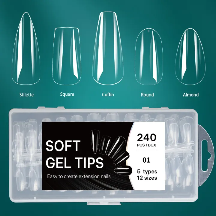 5 In 1 Boxed False Nail Tips Soft Gel Full Cover Semi-matte Capsules Almond French Coffin Fake Nails Extension Press On Nails E0139