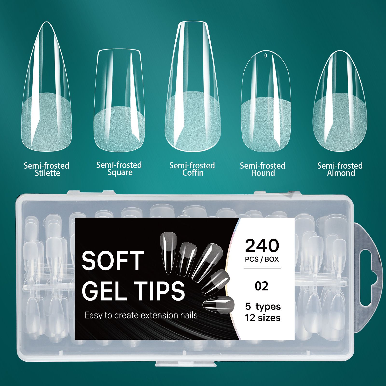 5 In 1 Boxed False Nail Tips Soft Gel Full Cover Semi-matte Capsules Almond French Coffin Fake Nails Extension Press On Nails E0139