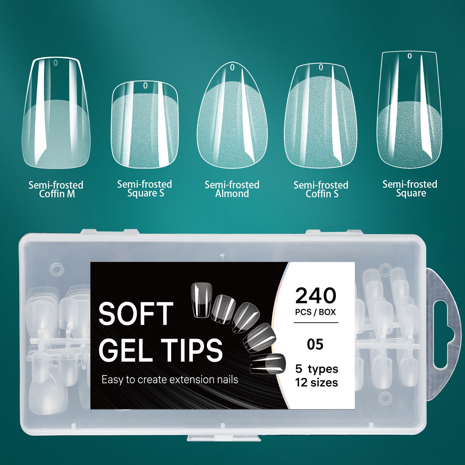 5 In 1 Boxed False Nail Tips Soft Gel Full Cover Semi-matte Capsules Almond French Coffin Fake Nails Extension Press On Nails E0139