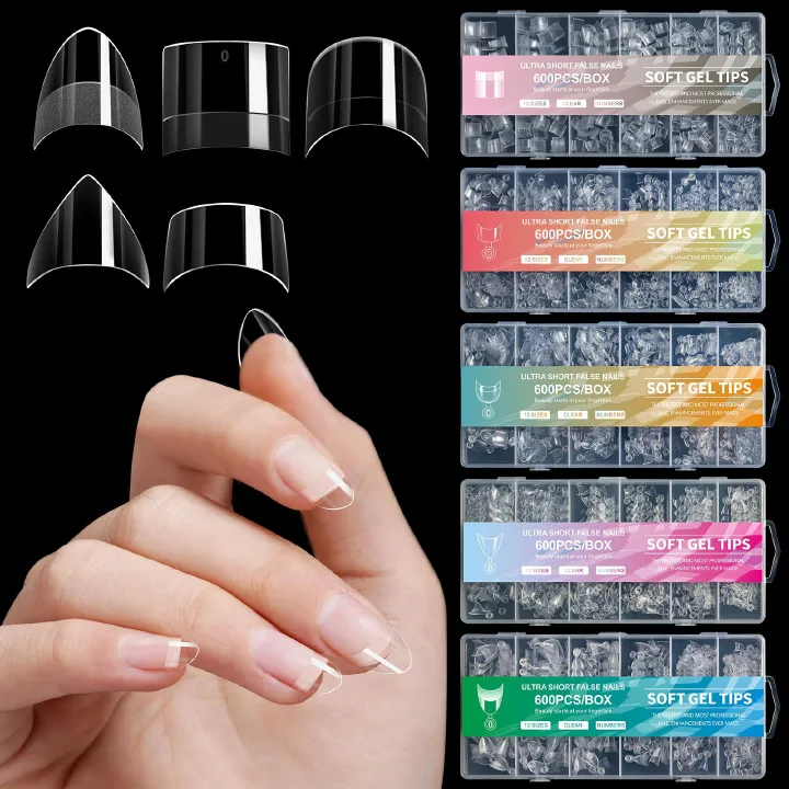 600PCS Short Nail Tips Oval Half Cover False Tips Press On Nails Almond Mixed Size Short Style Ultra Thin Traceless Nail Tips E0161