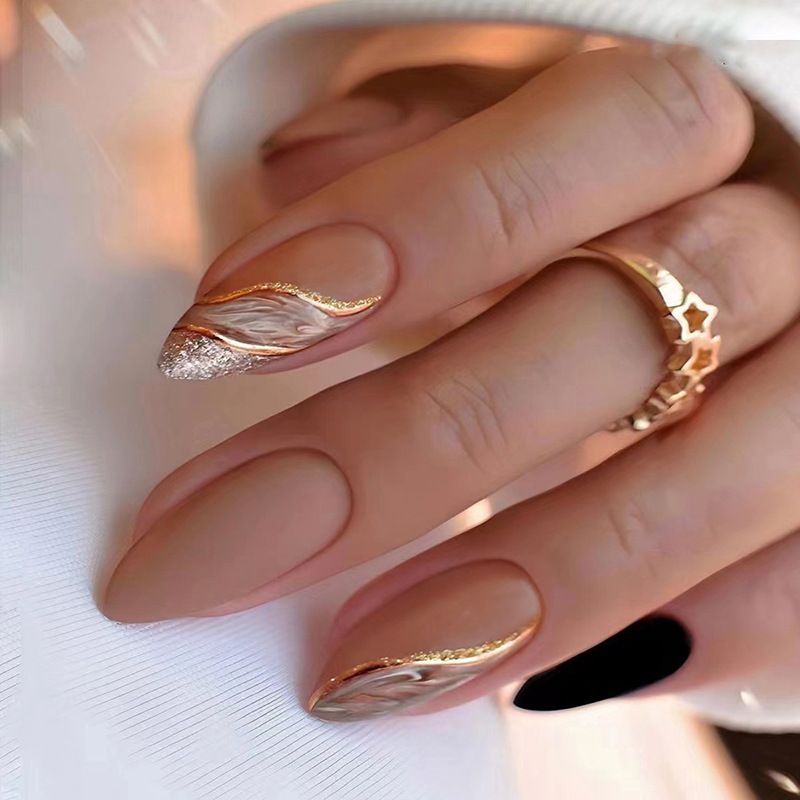 24Pcs Golden French Fake Nail with Almond Head Design Simple Oval False Nails Wearable Press on Nails Full Cover Nail Tips E0186
