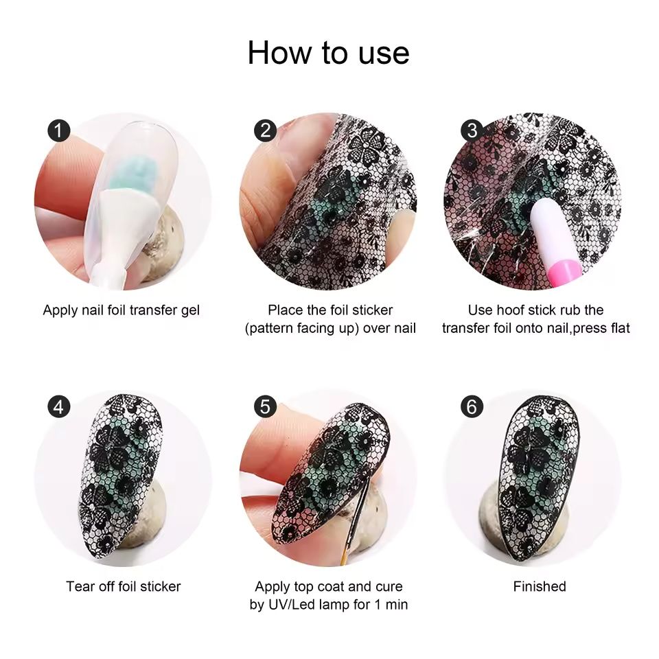 2.5*20cm 10 Rolls New Black White Lace Transfer Foil Nail Art Sexy Full Wraps Flower Glue Adhesive DIY Manicure Styling Tools E0170