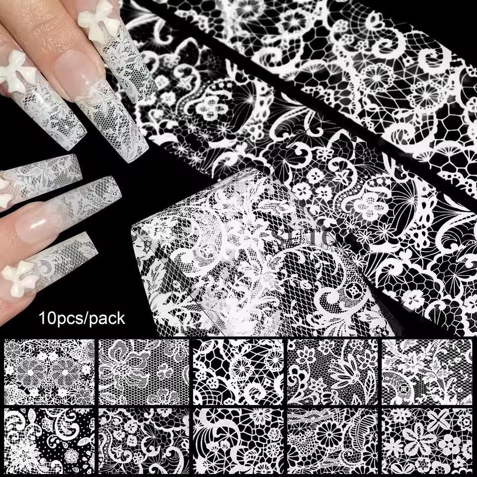2.5*20cm 10 Rolls New Black White Lace Transfer Foil Nail Art Sexy Full Wraps Flower Glue Adhesive DIY Manicure Styling Tools E0170