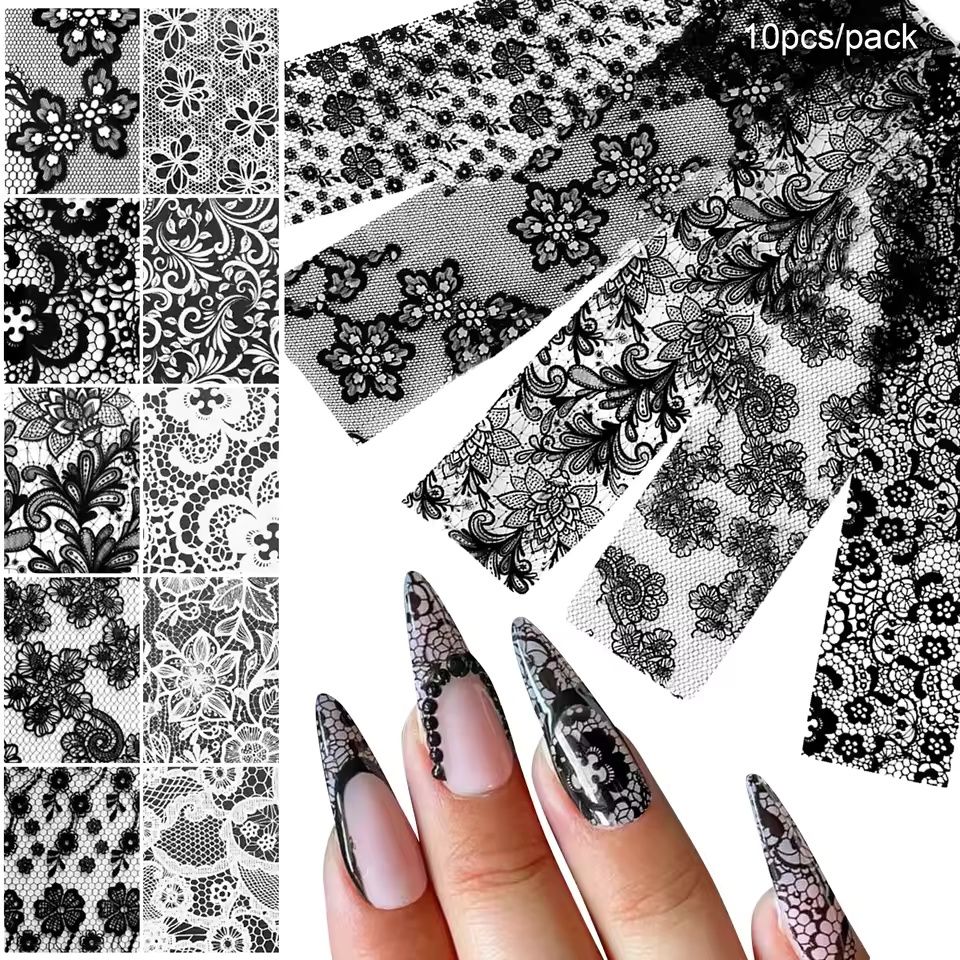 2.5*20cm 10 Rolls New Black White Lace Transfer Foil Nail Art Sexy Full Wraps Flower Glue Adhesive DIY Manicure Styling Tools E0170