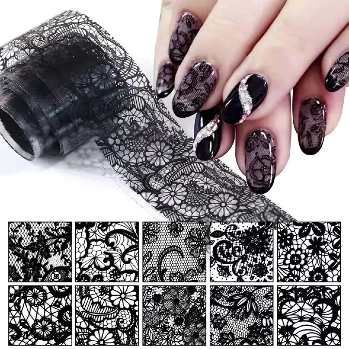 2.5*20cm 10 Rolls New Black White Lace Transfer Foil Nail Art Sexy Full Wraps Flower Glue Adhesive DIY Manicure Styling Tools E0170
