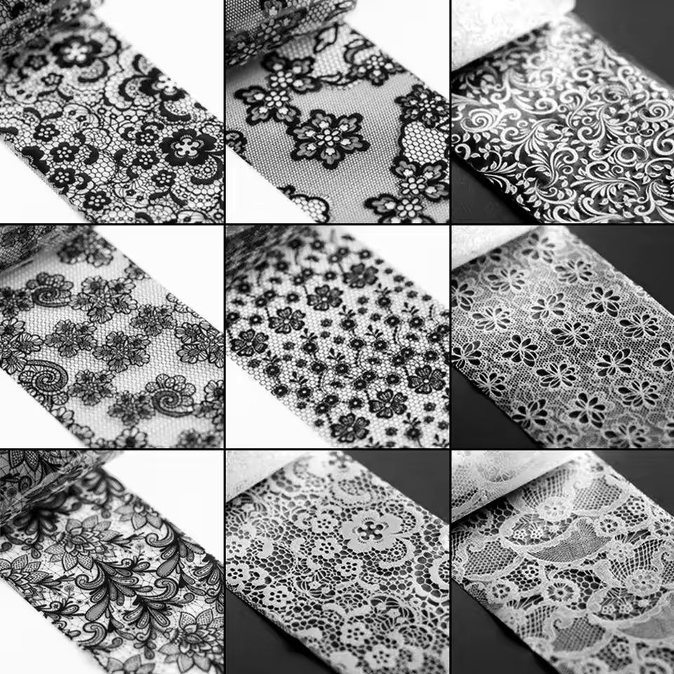 2.5*20cm 10 Rolls New Black White Lace Transfer Foil Nail Art Sexy Full Wraps Flower Glue Adhesive DIY Manicure Styling Tools E0170
