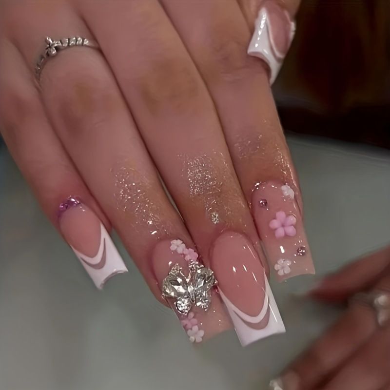 24Pcs Square False Nails with Jelly Glue Wearable Red Long Coffin Fake Nails Rhinestone Design Ballet Full Cover Press on Nails Tips