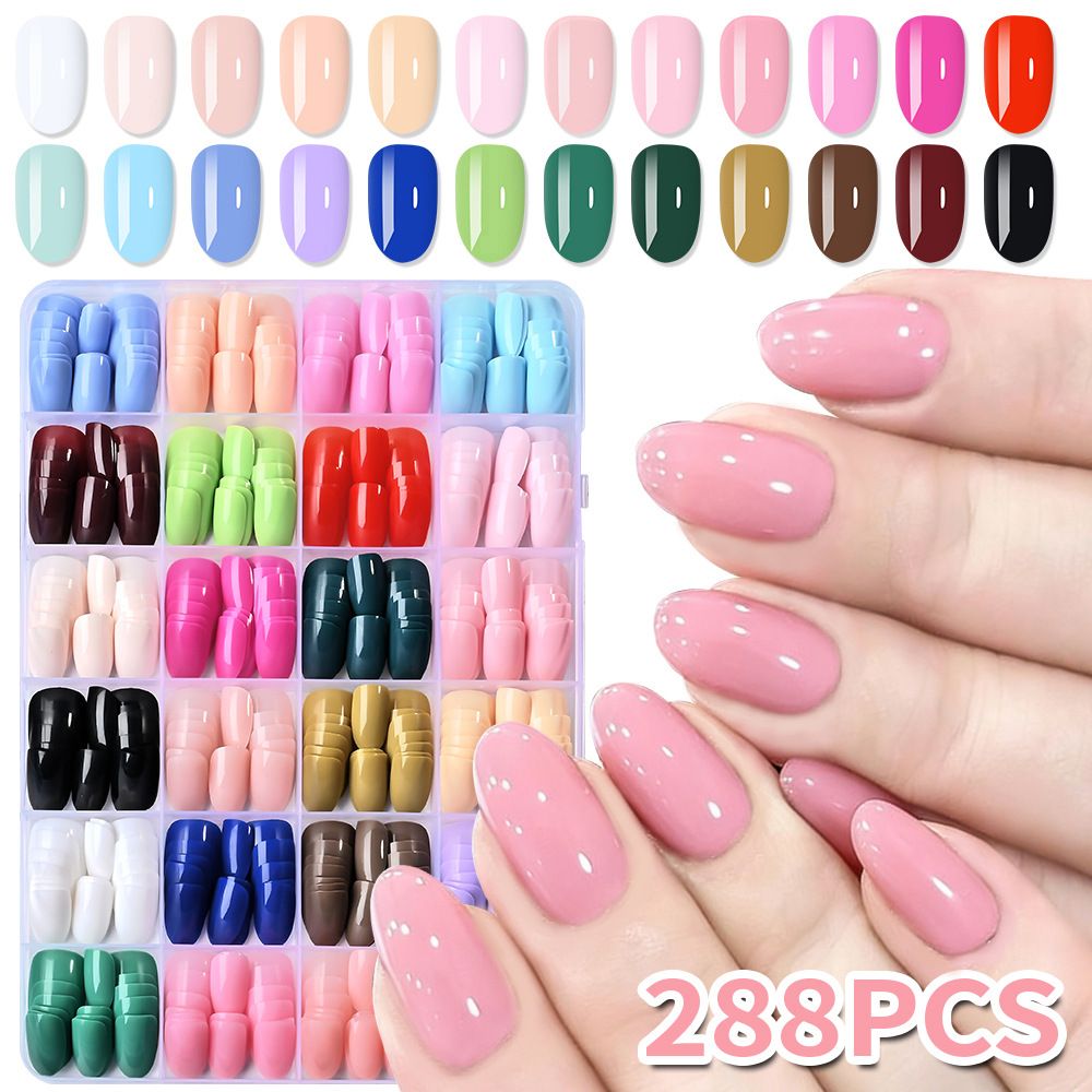 288/576pcs Short Round Square Fake Nails Glossy 24 Solid Colors Press on Nails Full Cover Artificial Fingernail False Nail Tips E0187