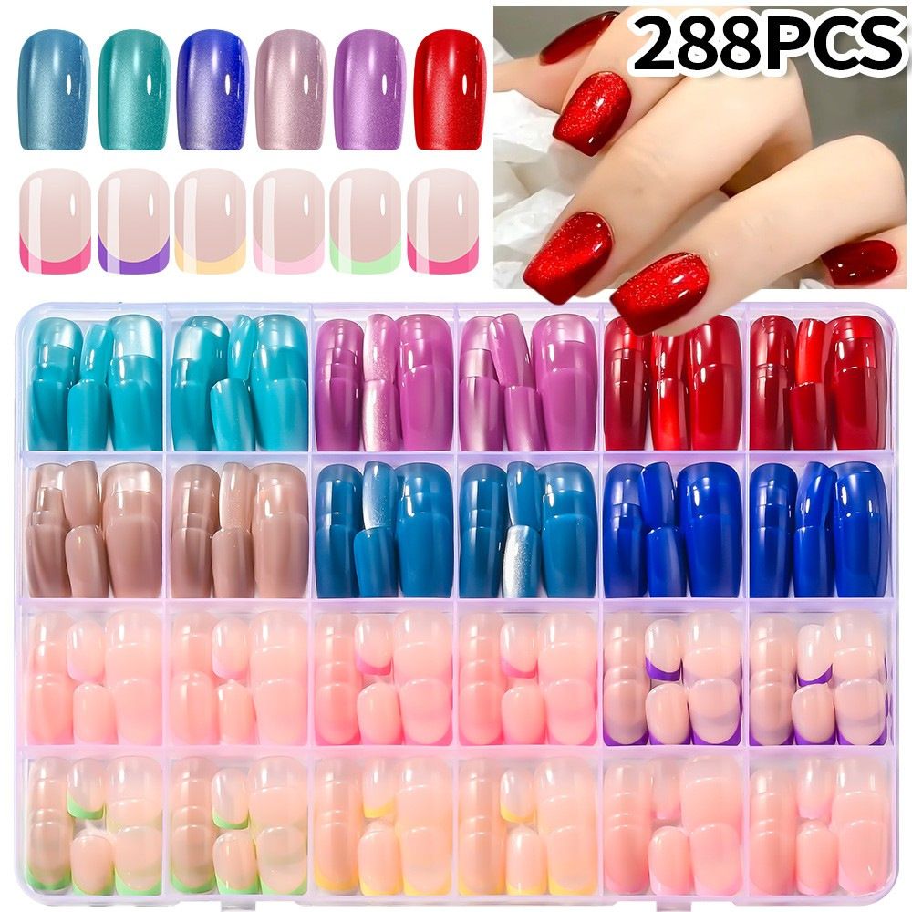 288/576pcs Short Round Square Fake Nails Glossy 24 Solid Colors Press on Nails Full Cover Artificial Fingernail False Nail Tips E0187