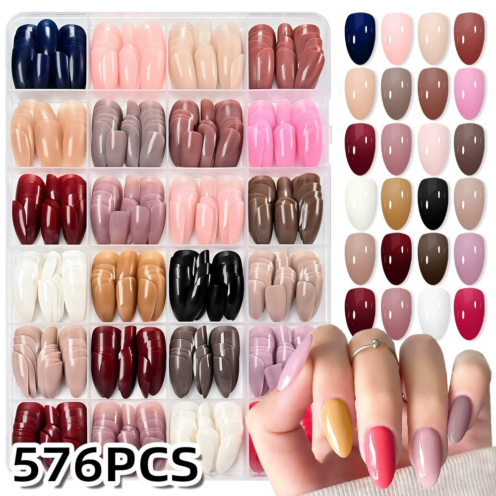 288/576pcs Short Round Square Fake Nails Glossy 24 Solid Colors Press on Nails Full Cover Artificial Fingernail False Nail Tips E0187