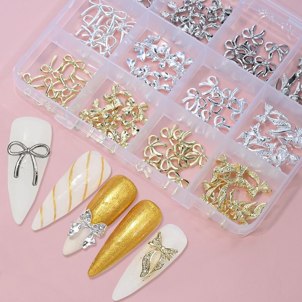 12griad/box 3D Luxury Alloy Bow & Butterfly Nail Charms Metal Gold Silver FlatBack Bowtie Nail Rhinestones Cute Bow Nail Supplies E0119A