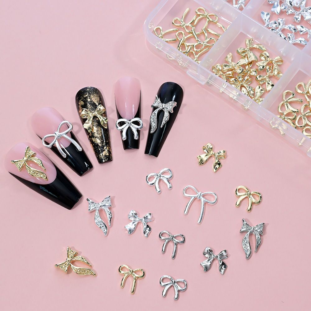 12griad/box 3D Luxury Alloy Bow & Butterfly Nail Charms Metal Gold Silver FlatBack Bowtie Nail Rhinestones Cute Bow Nail Supplies E0119A