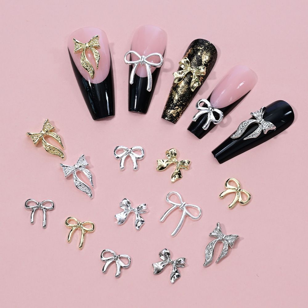 12griad/box 3D Luxury Alloy Bow & Butterfly Nail Charms Metal Gold Silver FlatBack Bowtie Nail Rhinestones Cute Bow Nail Supplies E0119A