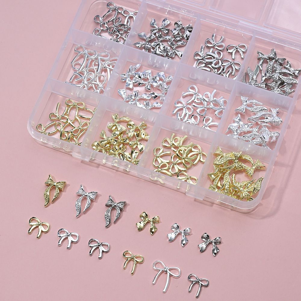 12griad/box 3D Luxury Alloy Bow & Butterfly Nail Charms Metal Gold Silver FlatBack Bowtie Nail Rhinestones Cute Bow Nail Supplies E0119A