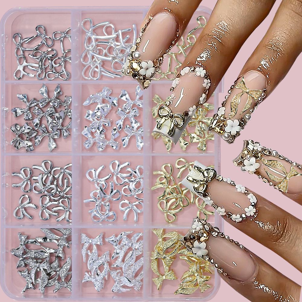 12griad/box 3D Luxury Alloy Bow & Butterfly Nail Charms Metal Gold Silver FlatBack Bowtie Nail Rhinestones Cute Bow Nail Supplies E0119A