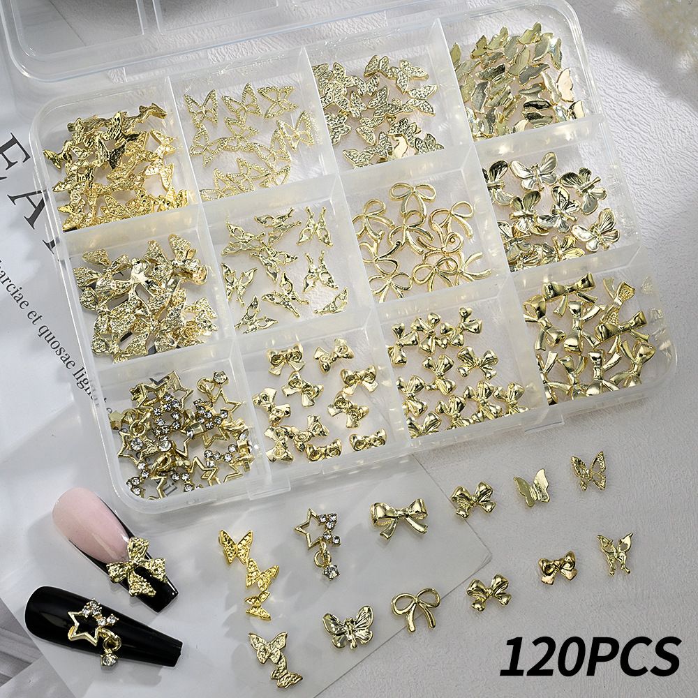 12griad/box 3D Luxury Alloy Bow & Butterfly Nail Charms Metal Gold Silver FlatBack Bowtie Nail Rhinestones Cute Bow Nail Supplies E0119A