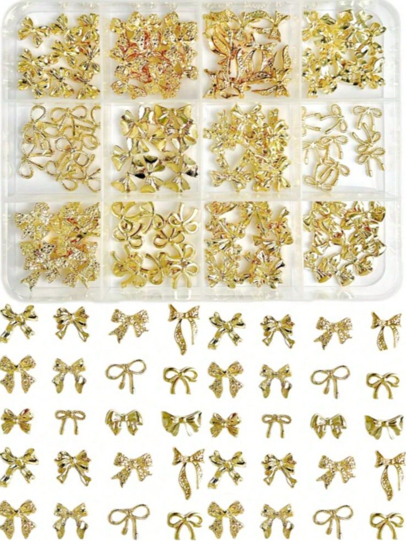 12griad/box 3D Luxury Alloy Bow & Butterfly Nail Charms Metal Gold Silver FlatBack Bowtie Nail Rhinestones Cute Bow Nail Supplies E0119A
