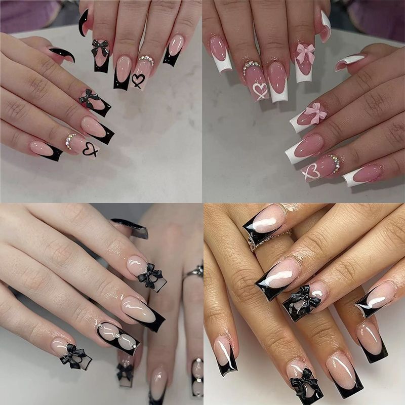 24pcs Heart Bow Press-On Nails Short Almond Black Fake Nail Y2K Full Coverage Nail Tips Removable Wearable Nail for Women&Girl E0171 view 9