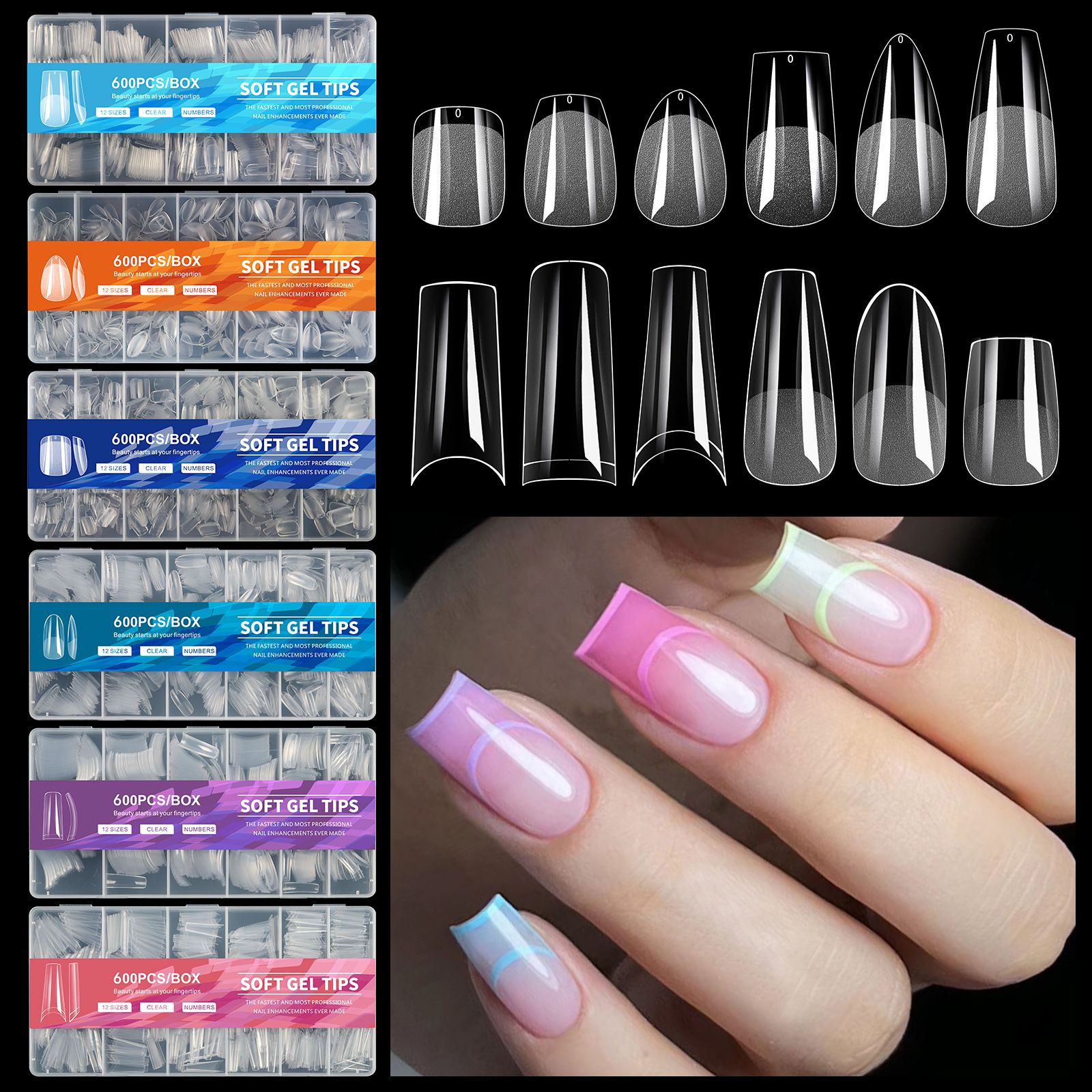 600Pcs Full Cover Press On Nail Tips Stiletto Almond Square Coffin French False Fake Soak Off Gel Nail Extension Tips Capsule E0124A