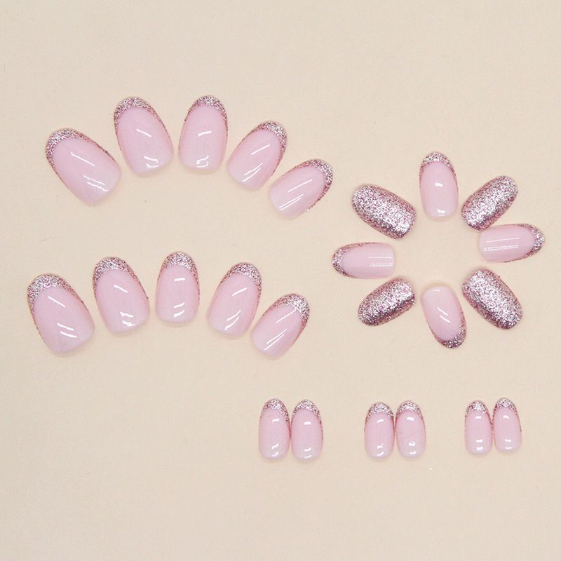 24Pcs Short Square Glitter False Nails French Glitter Wearable Fake Nails Acrylic Full Cover Women Ballet Press on Nails Tips E0132A