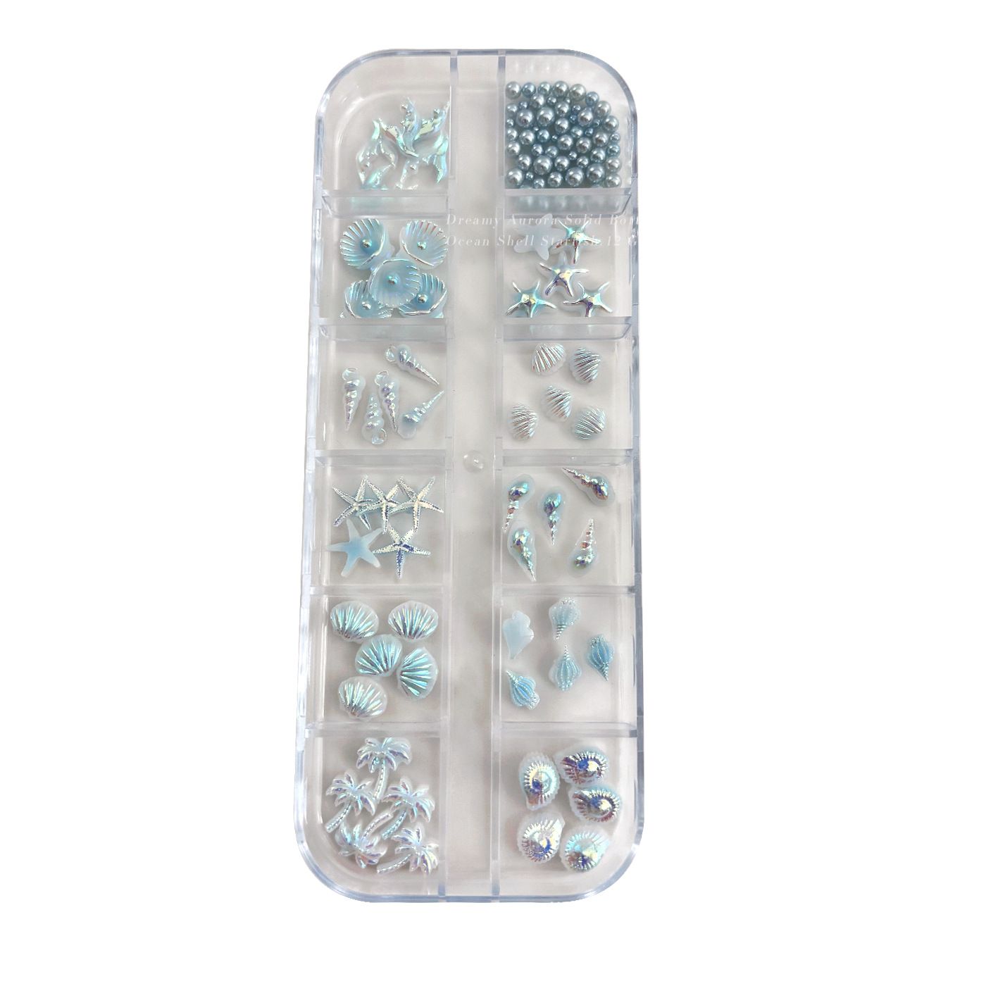 12 Grids Box Blue White Nail Charm Shell Starfish Mermaid Tail 3D Oceanic Manicure Nail Art DIY Salon Decoration Accessories E0160