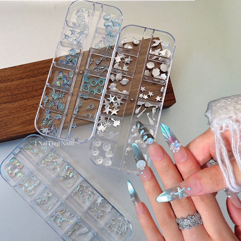 12 Grids Box Blue White Nail Charm Shell Starfish Mermaid Tail 3D Oceanic Manicure Nail Art DIY Salon Decoration Accessories E0160