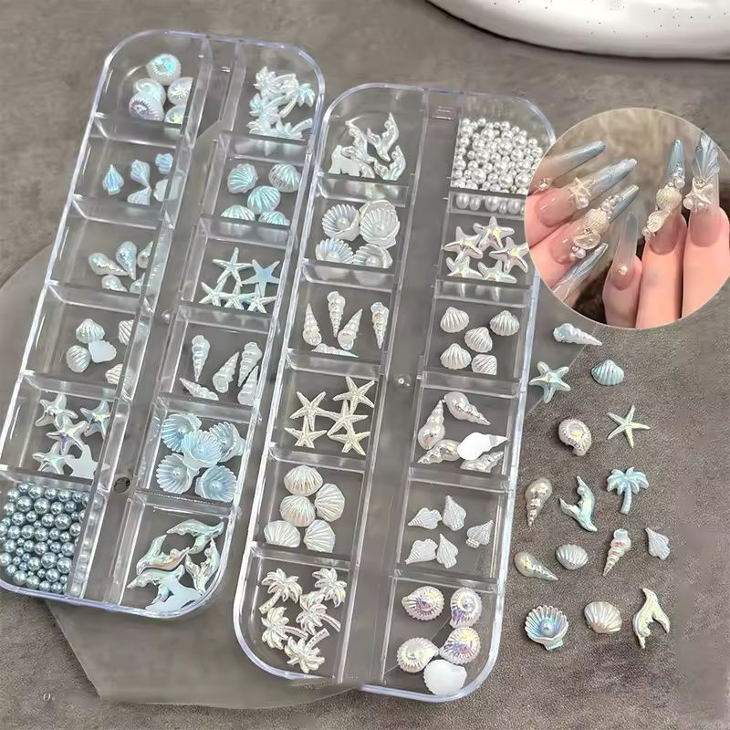 12 Grids Box Blue White Nail Charm Shell Starfish Mermaid Tail 3D Oceanic Manicure Nail Art DIY Salon Decoration Accessories E0160