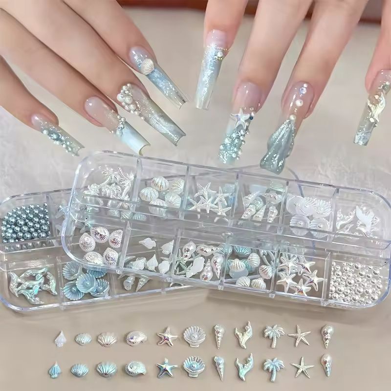 12 Grids Box Blue White Nail Charm Shell Starfish Mermaid Tail 3D Oceanic Manicure Nail Art DIY Salon Decoration Accessories E0160