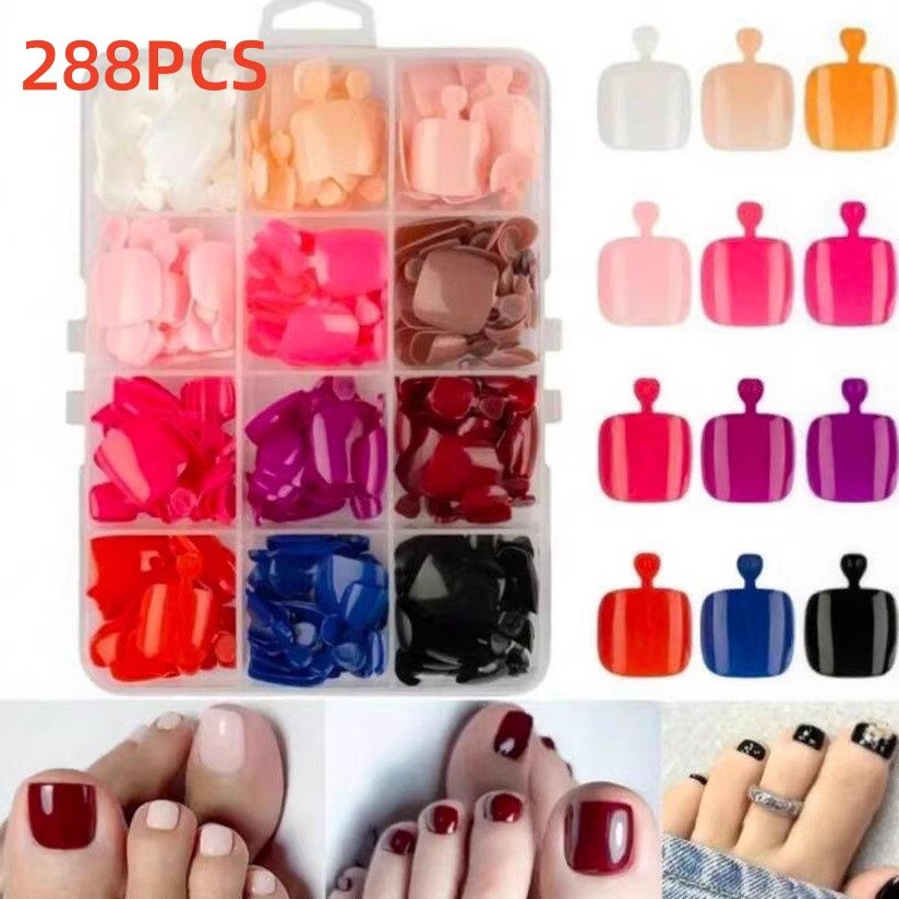 96Pcs-box Short Press On Toe Nails Red High Saturation Fake Toe Nails French/Solid Color Summer Toenails Delicate Nail for Daily E0108