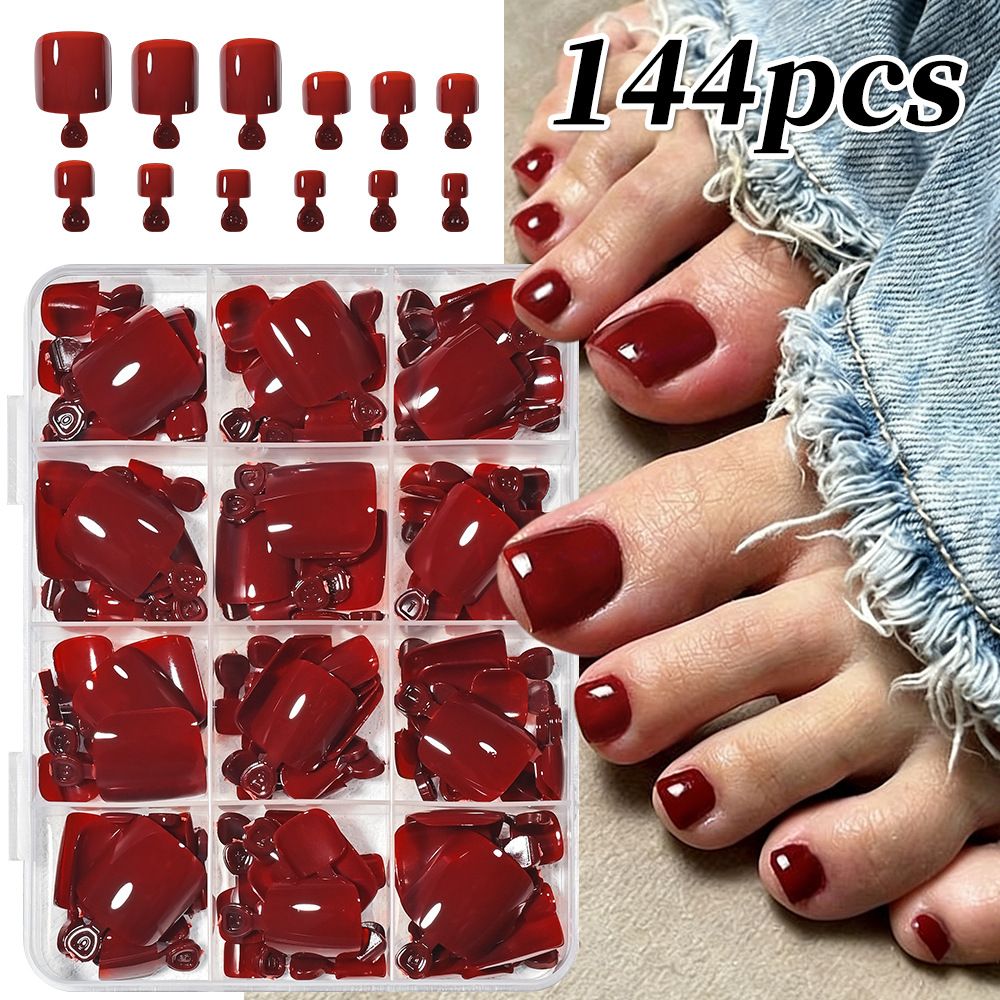 96Pcs-box Short Press On Toe Nails Red High Saturation Fake Toe Nails French/Solid Color Summer Toenails Delicate Nail for Daily E0108