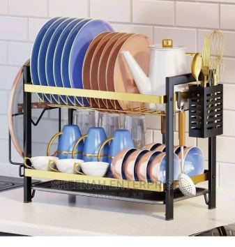 Metallic 2 tier dish rack with cutlery holder anti rust for kitchen utensils