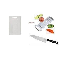 Chopping Board + Kitchen Knife Set + FREE Peeler – 3-in-1 Kitchen Starter Kit, Reversible Non-Slip Chopping Board with Soft-Grip Handle & Juice Groove