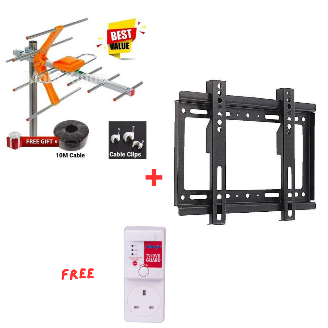 Outdoor Aerial Antenna + 14 to 43 Inch TV Wall mount with FREE TV/DVD Guard to protect your electronics| Strong Wall Mount Bracket| Powerful Outdoor Aerial with 10M Cable  Easy installation |