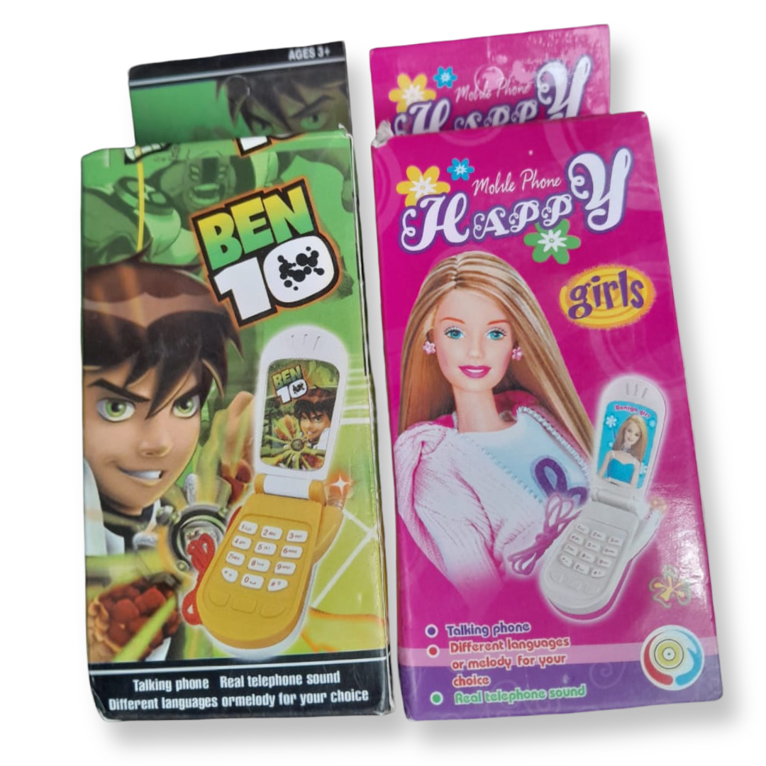 Ben 10 & Barbie-Inspired Talking Toy Phones for Kids Fun and educational flip phones with real phone sounds, melodies, and multiple language options. Perfect for pretend play and early learning.