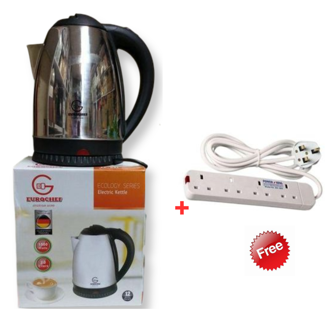 Eurochef Electric Kettle – Fast Boil + FREE PowerKing Extension Cord,  High-Speed Boil, Auto Shut-Off & Boil Dry Protection, Stainless Steel Inner Body, BONUS: Free PowerKing Extension Cord