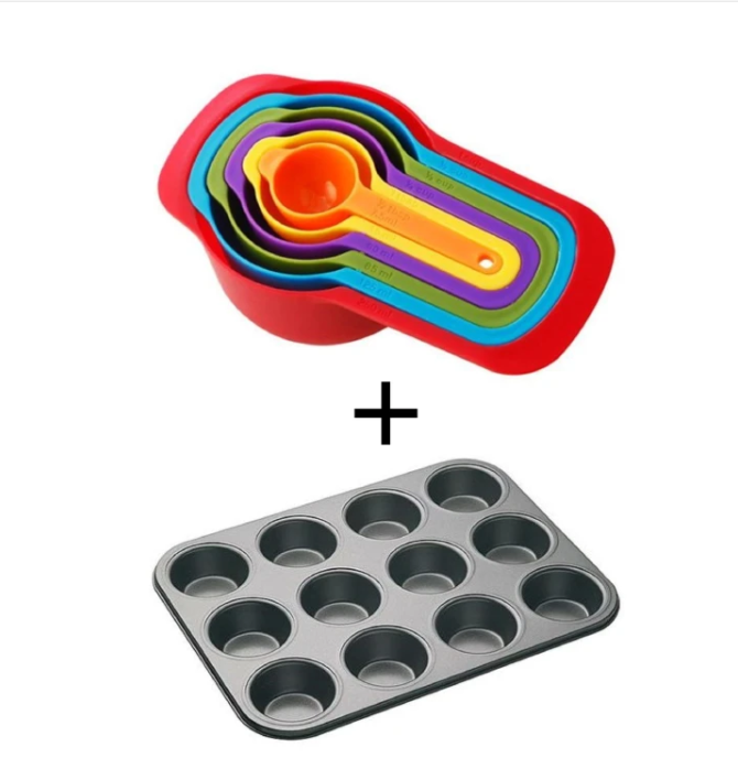 6pcs Colorful Measuring Cups + 12-Hole Non-Stick Cupcake Baking Tray Non-Stick Coating Oven-Safe & Rust-Resistant