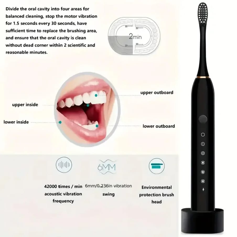 Sonic Electric Toothbrush With 3 Brush Heads for Adults, IPX7 Waterproof DuPont Brush Head USB Rechargeable High Frequency Cleaning Comes With 4 Replaceable Heads and a Charging Cable