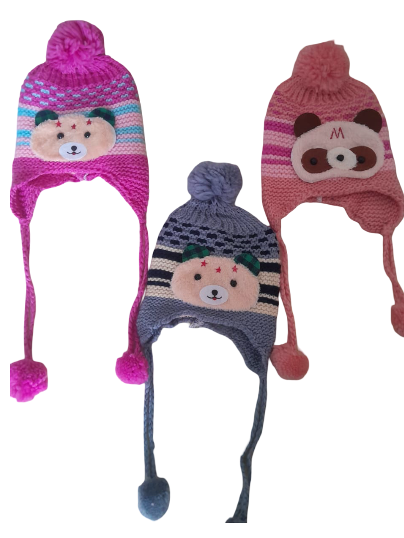 3 Pcs Baby/Kids Crotchet Knitted Cartoon Marvins Beanie Hats/Caps  with Ear Flaps & Pom-Poms Protects Baby from Cold cute cartoon animal design Unisex for Boys and Girls