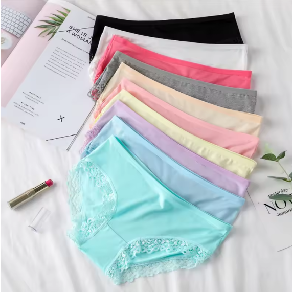 6PCS Seamless Lace Women Panties Underwear Sexy Mid Waist Lace Ruffle Briefs Solid Breathable Intimates Lingerie Underwear Women No show Panties