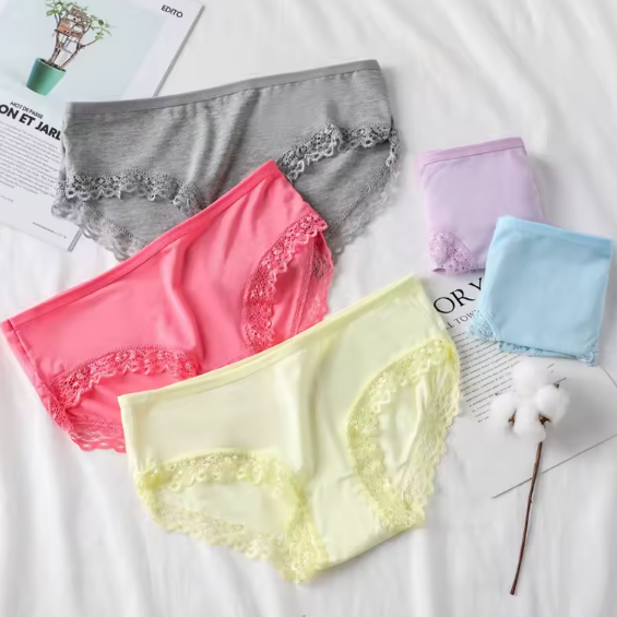 6PCS Seamless Lace Women Panties Underwear Sexy Mid Waist Lace Ruffle Briefs Solid Breathable Intimates Lingerie Underwear Women No show Panties