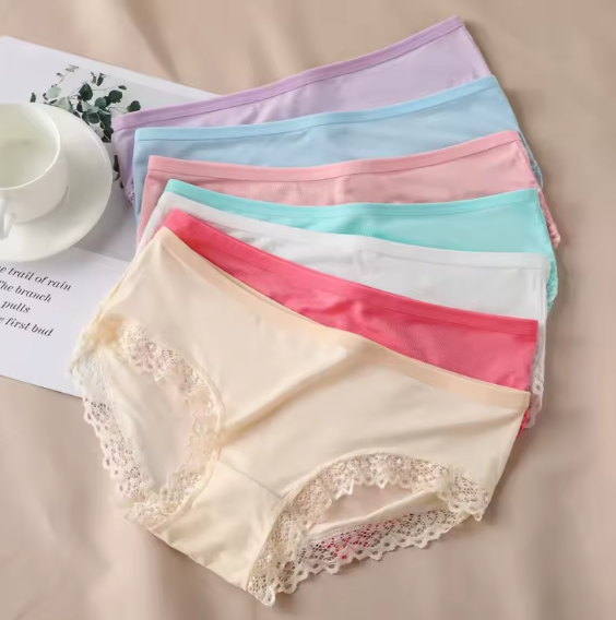 6PCS Seamless Lace Women Panties Underwear Sexy Mid Waist Lace Ruffle Briefs Solid Breathable Intimates Lingerie Underwear Women No show Panties
