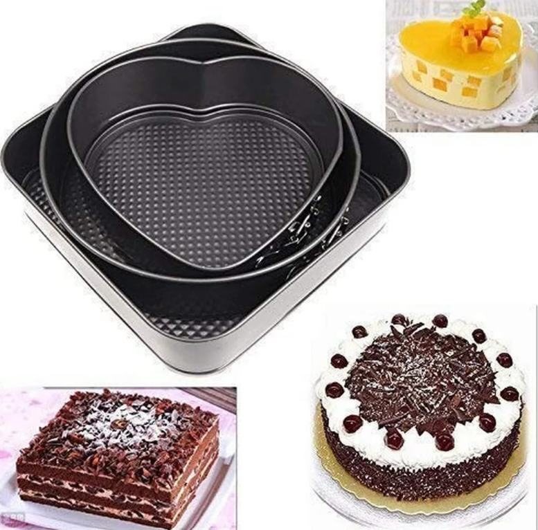 3-Piece Non-Stick Baking Tins Set with Removable Bottom - Round, Square & Love shape Cake Pan Set As Picture