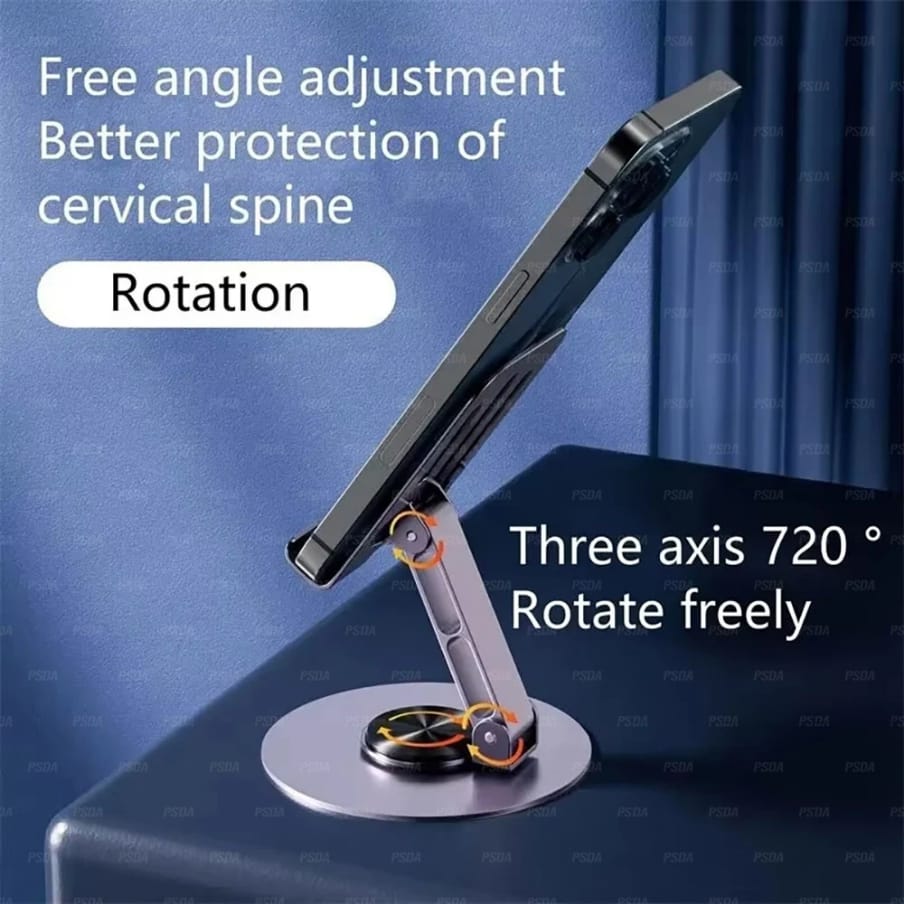 All Metal 360° Rotating Foldable Phone & Tablet Holder – Adjustable Stand for Desk, Bed, or Travel