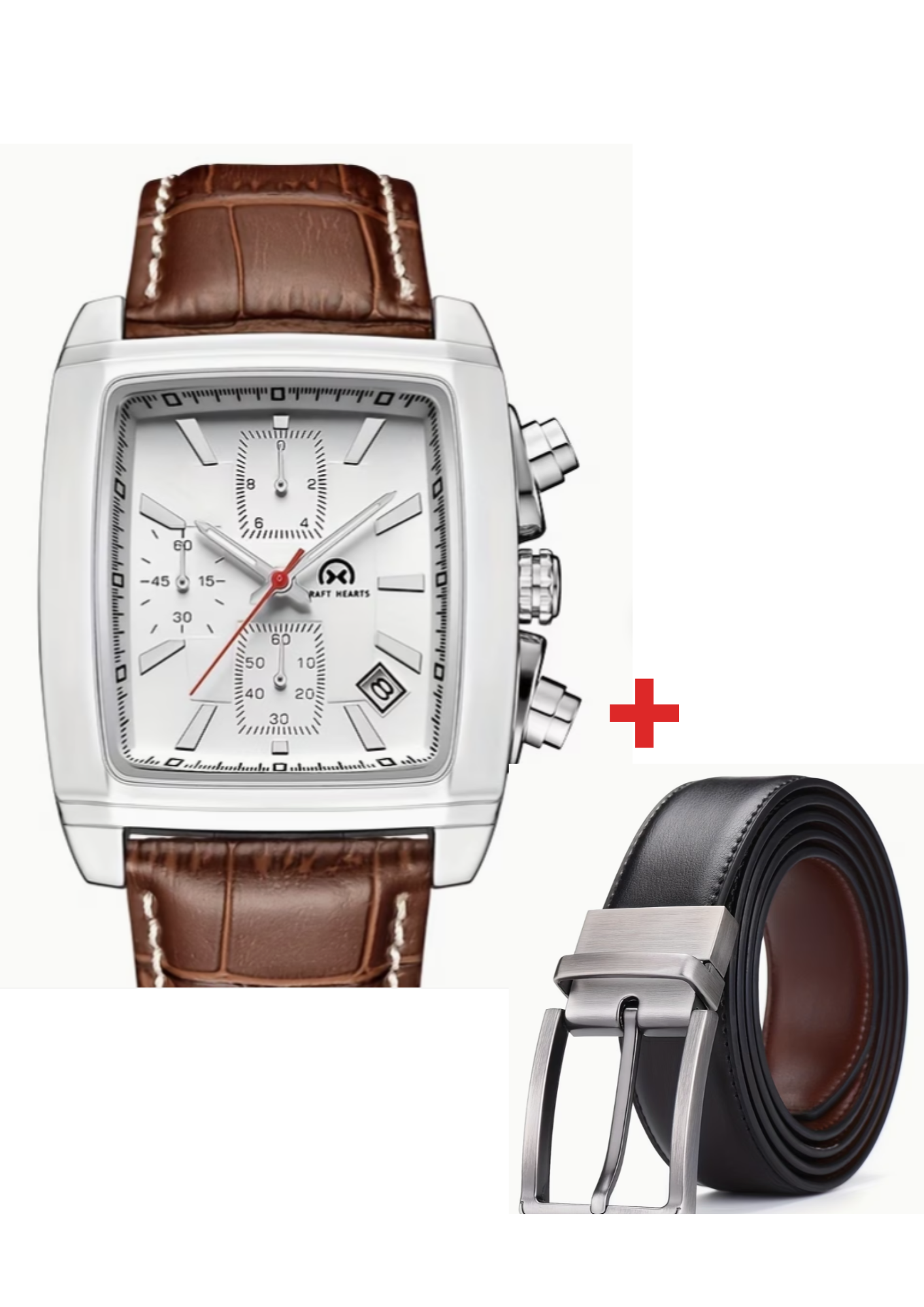 Men's Genuine Leather Watch with Date & Reversible Belt Set – Classic Timepiece & Matching 2‑Sided Belt, Brown/Black, Gift Box Set for Formal & Casual Wear