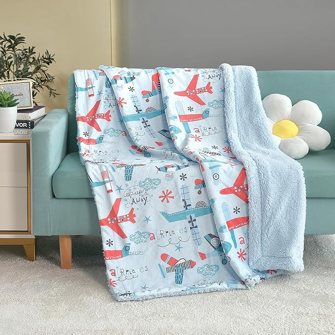 Woven fluffy Plush soft Warm Flannel Fleece Sherpa kids Baby Blanket Marina Decoration reversibleRich Printed  Dinosaur zoo or teddy bear pattern, double-sided cozy throw