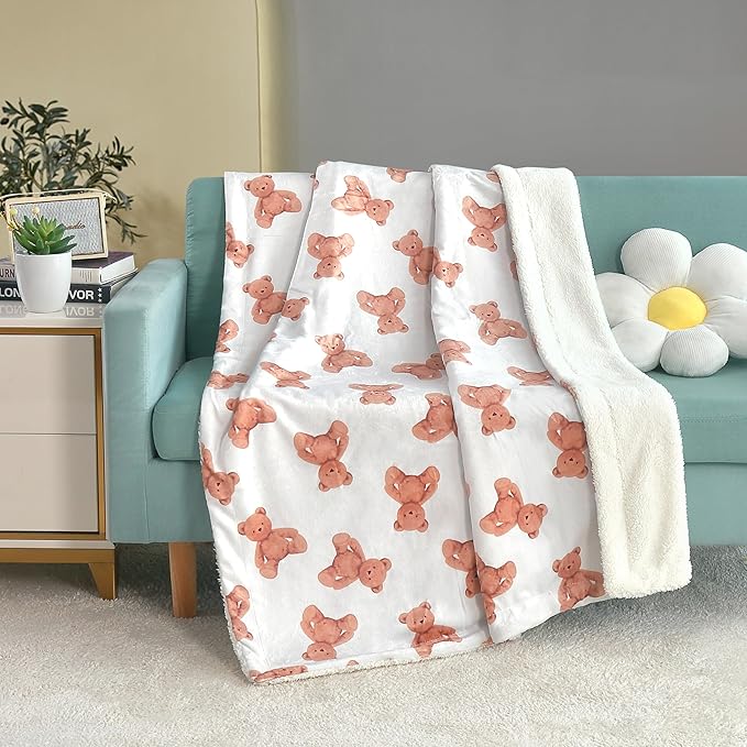 Woven fluffy Plush soft Warm Flannel Fleece Sherpa kids Baby Blanket Marina Decoration reversibleRich Printed  Dinosaur zoo or teddy bear pattern, double-sided cozy throw